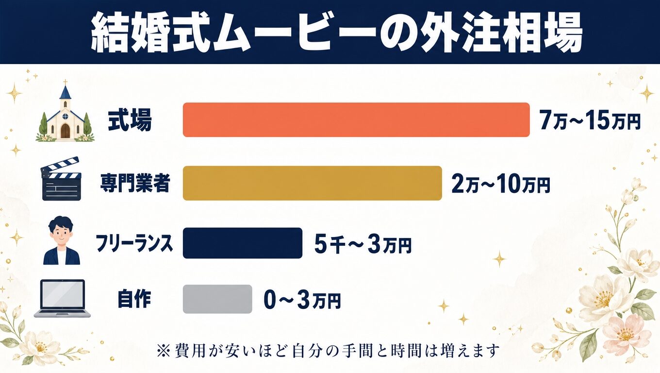 結婚式ムービーの依頼先別費用相場グラフ：式場7万〜15万円、専門業者2万〜10万円、フリーランス5千〜3万円、自作0〜3万円