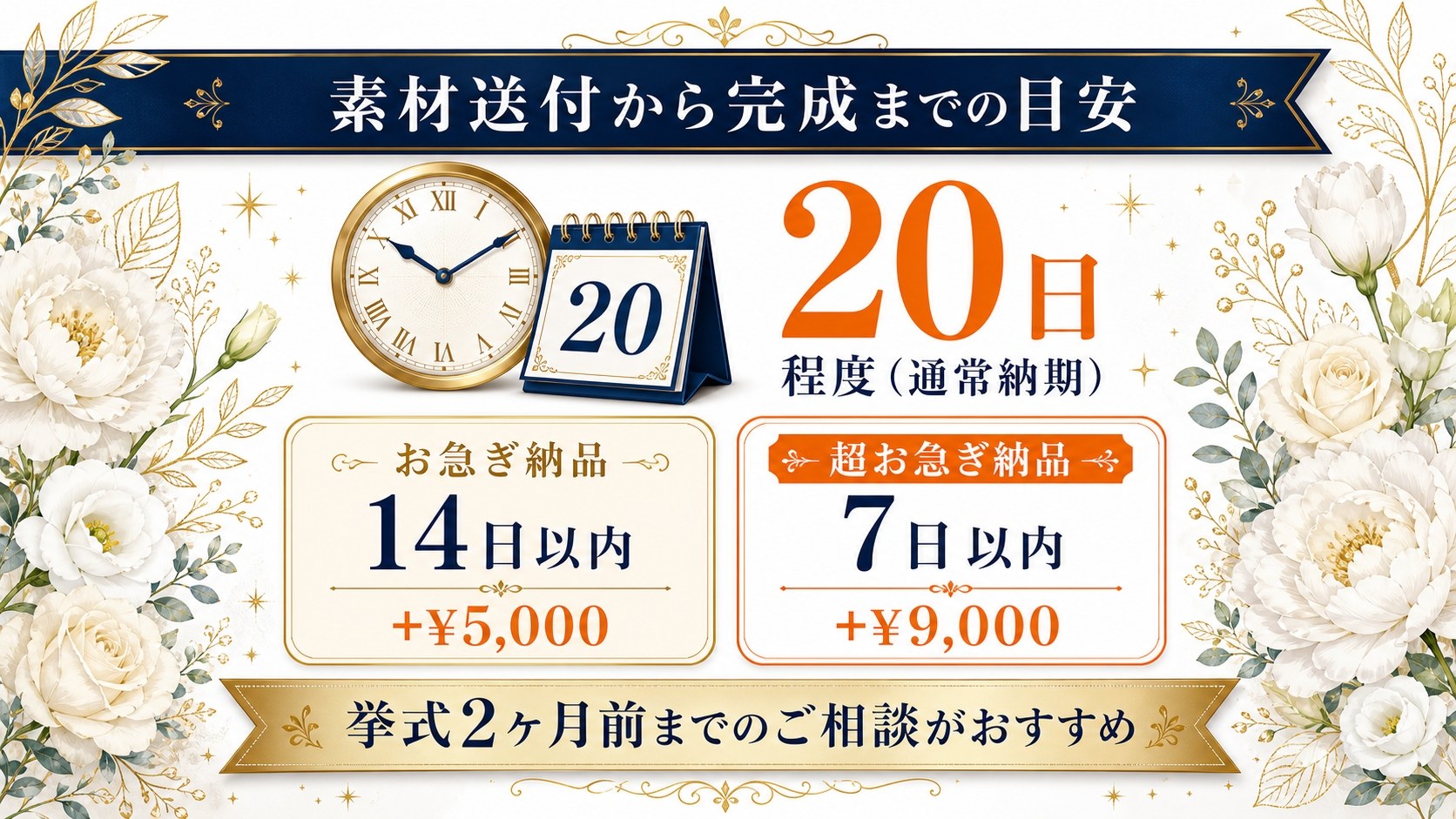 納期の目安：通常20日程度、お急ぎ納品14日以内＋5,000円、超お急ぎ納品7日以内＋9,000円